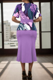 Purple Celebrities Print Patchwork V Neck Wrapped Skirt Dresses