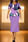 Purple Celebrities Print Patchwork V Neck Wrapped Skirt Dresses