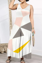 Pink Gray Casual Print Patchwork V Neck Loose Jumpsuits