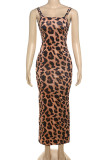 Leopard Print Sexy Leopard Print Patchwork Backless High Slit Spaghetti Strap Sling Dresses
