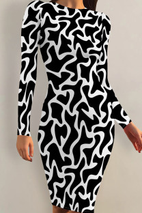Black And White Casual Print Patchwork O Neck Wrapped Skirt Dresses