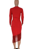 Red Sexy Solid Color Fringed Trim Patchwork U Neck Wrapped Skirt Dresses