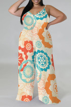 Apricot Casual Street Floral Print Splashed ink printing Contrast V Neck Plus Size Jumpsuits(With a turban)