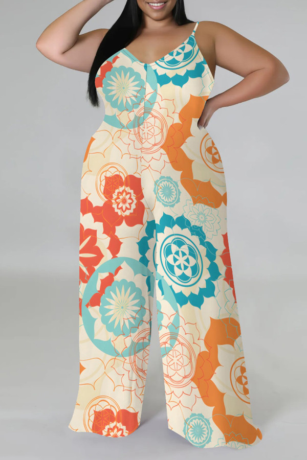 Apricot Casual Street Floral Print Splashed ink printing Contrast V Neck Plus Size Jumpsuits(With a turban)