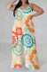 Apricot Casual Street Floral Print Splashed ink printing Contrast V Neck Plus Size Jumpsuits(With a turban)