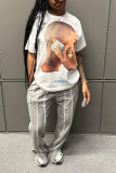 White Casual Street Figure Print O Neck T-Shirts