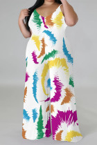 White Casual Floral Print Contrast V Neck Plus Size Jumpsuits(With a turban)