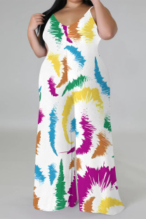 White Casual Floral Print Contrast V Neck Plus Size Jumpsuits(With a turban)
