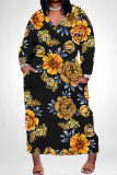 Khaki Casual Geometric Print Flowers Print Pocket Contrast V Neck Printed Plus Size Dresses