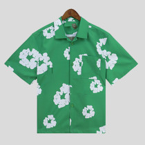 Green Casual Print Buckle Patchwork Shirt Collar Tops
