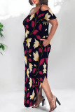 Leopard Print Sexy Floral Print Pocket Slit Contrast U Neck Printed Plus Size Dresses