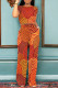 Orange Casual Geometric Print Pocket Contrast O Neck Short Sleeve Two Pieces