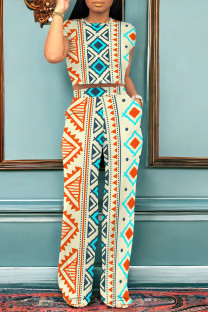 Beige Casual Geometric Print Pocket Contrast O Neck Short Sleeve Two Pieces