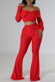 Red Casual Solid Color Buckle Patchwork Backless Off Shoulder Long Sleeve Two Pieces