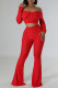 Red Casual Solid Color Buckle Patchwork Backless Off Shoulder Long Sleeve Two Pieces