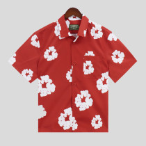 Red Casual Print Buckle Patchwork Shirt Collar Tops