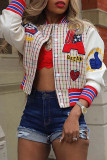 Multicolor Street Letters Embroidered Buckle Patchwork O Neck Outerwear