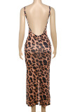 Leopard Print Sexy Leopard Print Patchwork Backless High Slit Spaghetti Strap Sling Dresses