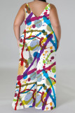 Multicolor Casual Street Floral Print Splashed ink printing Contrast V Neck Plus Size Jumpsuits(With a turban)
