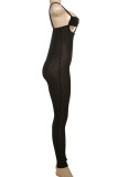 Black Sexy Solid Color Hollow Out Patchwork Backless Spaghetti Strap Skinny Jumpsuits