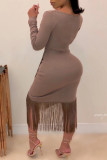 Red Sexy Solid Color Fringed Trim Patchwork U Neck Wrapped Skirt Dresses