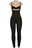 Black Sexy Solid Color Hollow Out Patchwork Backless Spaghetti Strap Skinny Jumpsuits
