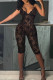 Black Sexy Solid Color Lace Patchwork See-Through Backless Spaghetti Strap Skinny Rompers