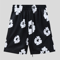 Black Casual Print Draw String Patchwork Loose Mid Waist Straight Full Print Shorts