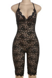 White Sexy Solid Color Lace Patchwork See-Through Backless Spaghetti Strap Skinny Rompers