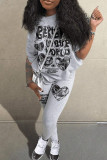 Grey Casual Print Patchwork O Neck Short Sleeve Two Pieces