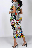 Multicolor Casual Geometric Print Floral Print Contrast O Neck Printed Short Sleeve Dress