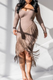 Red Sexy Solid Color Fringed Trim Patchwork U Neck Wrapped Skirt Dresses