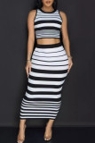 Pink Casual Stripe Patchwork O Neck Sleeveless Two Pieces