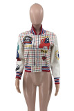 Multicolor Street Letters Embroidered Buckle Patchwork O Neck Outerwear