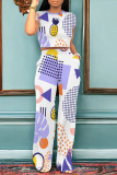 Multi-color Casual Geometric Print Pocket Contrast O Neck Short Sleeve Two Pieces