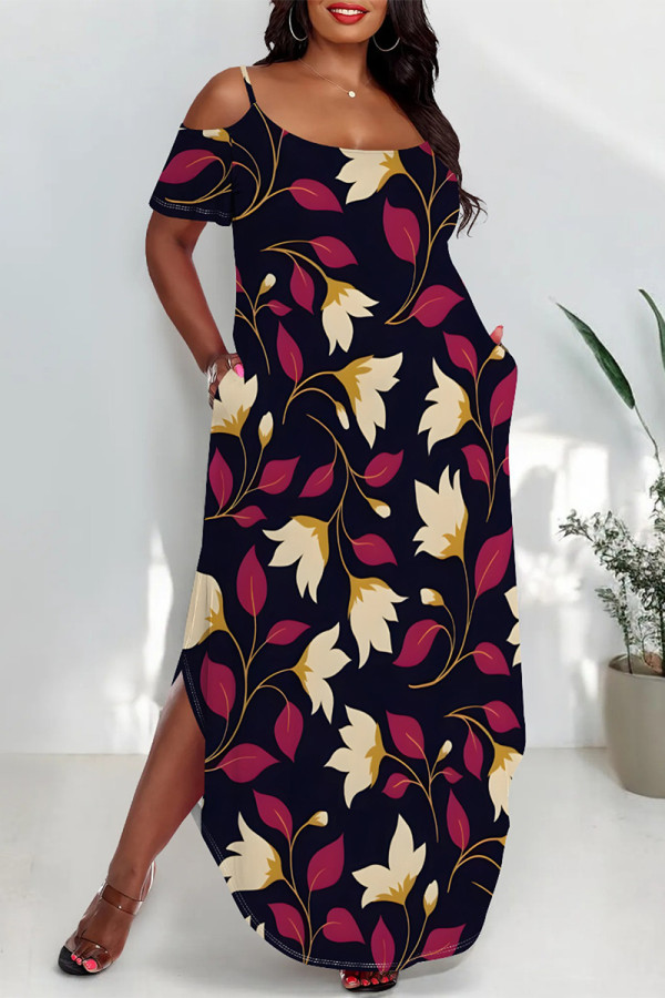 Black Sexy Floral Print Pocket Slit Contrast U Neck Printed Plus Size Dresses