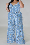 Multicolor Casual Street Floral Print Splashed ink printing Contrast V Neck Plus Size Jumpsuits(With a turban)