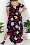 Leopard Print Sexy Floral Print Pocket Slit Contrast U Neck Printed Plus Size Dresses