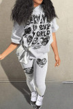 Grey Casual Print Patchwork O Neck Short Sleeve Two Pieces