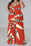 Red Casual Floral Print Contrast V Neck Plus Size Jumpsuits(With a turban)