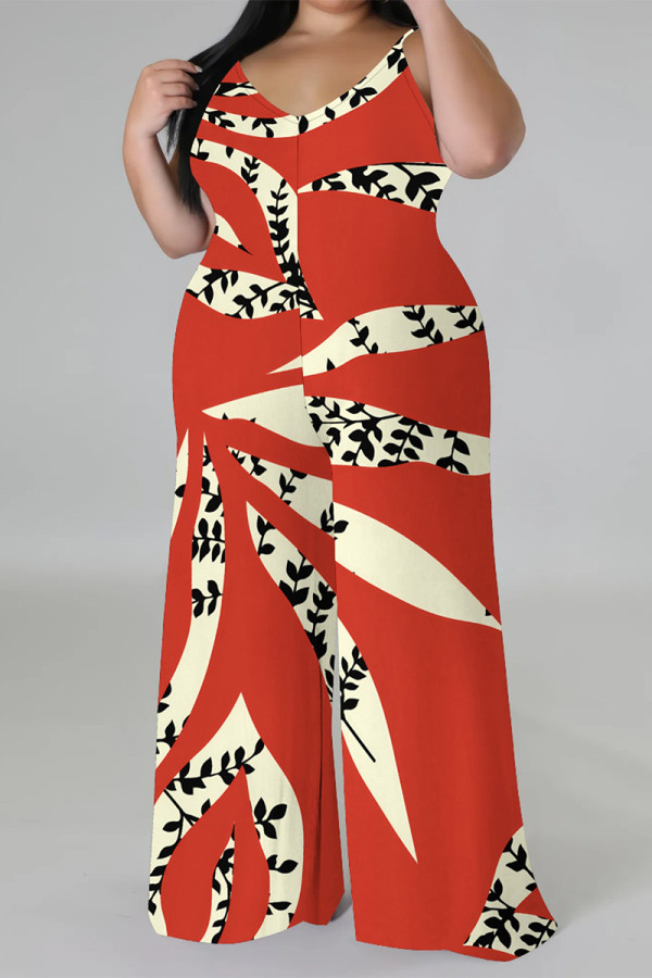 Red White Casual Floral Print Contrast V Neck Plus Size Jumpsuits(With a turban)
