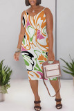 Navy Blue Sexy Geometric Print Contrast V Neck Printed Dresses