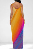 Orange Purple Casual Gradient Color Pocket Patchwork Backless Spaghetti Strap Sling Dresses