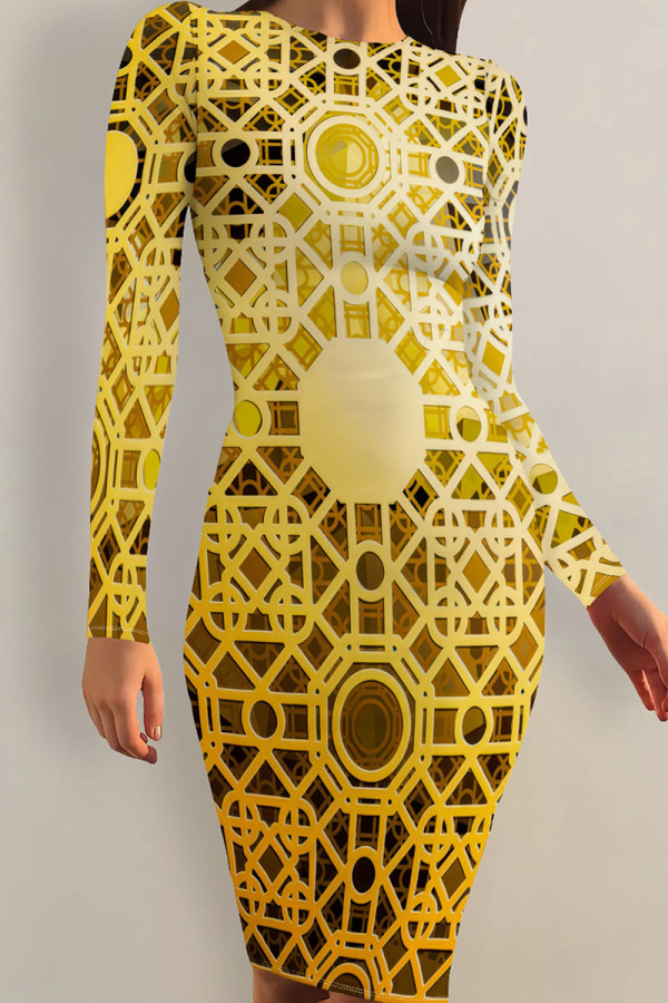 Gold Casual Print Patchwork O Neck Wrapped Skirt Dresses