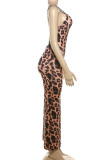 Leopard Print Sexy Leopard Print Patchwork Backless High Slit Spaghetti Strap Sling Dresses