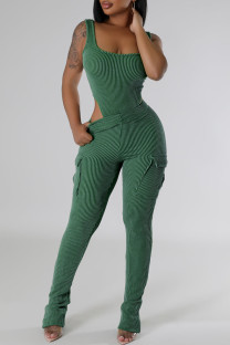 Green Casual Solid Color Pocket Patchwork U Neck Sleeveless Two Pieces