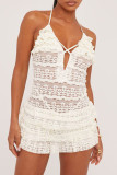 Apricot Sexy Solid Color Patchwork See-Through Backless Strap Design Halter Regular Rompers
