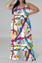 White Casual Street Floral Print Splashed ink printing Contrast V Neck Plus Size Jumpsuits(With a turban)