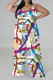 White Casual Street Floral Print Splashed ink printing Contrast V Neck Plus Size Jumpsuits(With a turban)