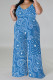 Baby Blue Casual Floral Print Contrast V Neck Plus Size Jumpsuits(With a turban)